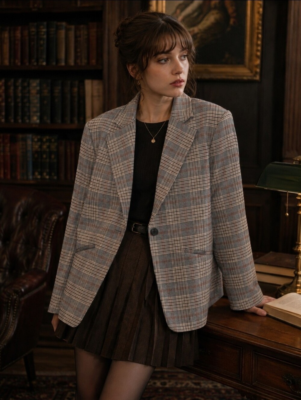 Dark Academia Brown Plaid Timeless One Button Closure Preppy Blazer Size Xs